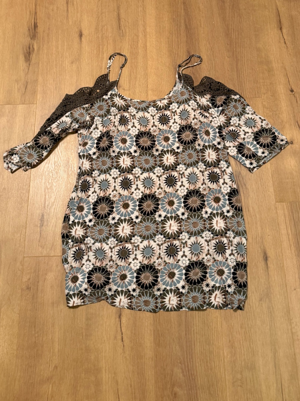 Xhilaration Floral Geometric Cold-Shoulder Mini Dress in Brown, Blue, White